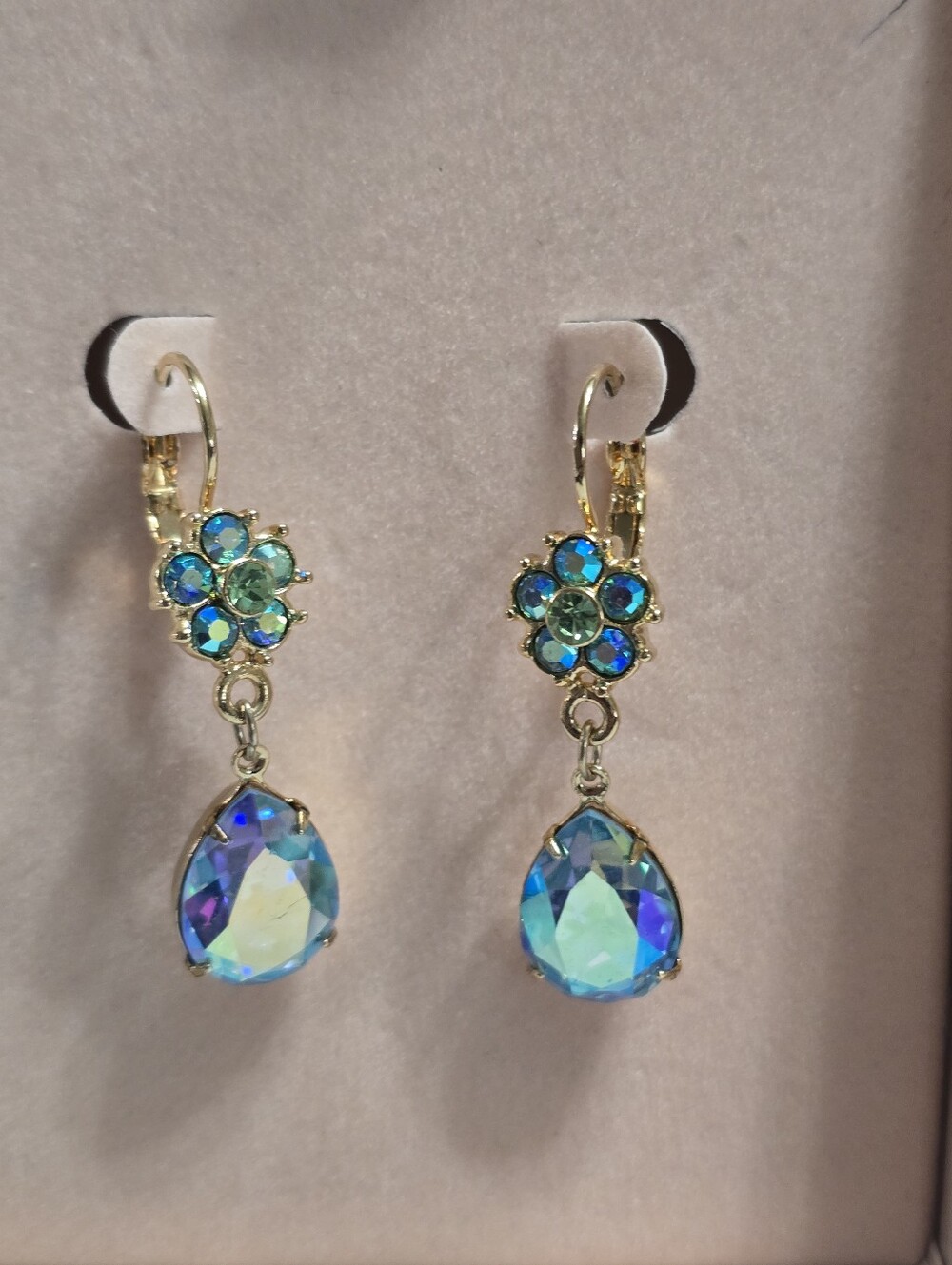 Kirks Folly Gold-Tone Blue Green Floral Aurora Crystal Teardrop Dangle Earrings - Picture 3 of 9